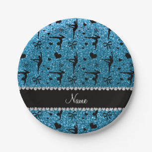 Personalisierter Name Himmelblau Glitzer Gymnastik Pappteller