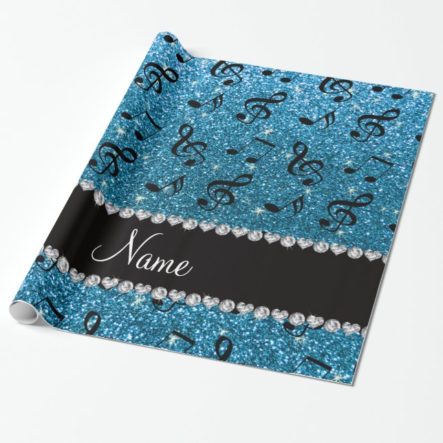 Personalisierter Name Himmelblau Glitzer Musiknote Geschenkpapier (Ungerollt)