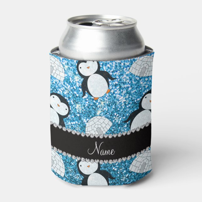 Personalisierter Name Himmelblau Glitzer Pinguine  Dosenkühler (Kanne Vorderseite)