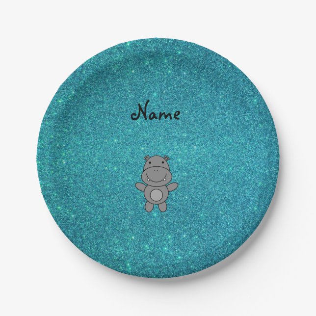 Personalisierter Name hippo türkis Glitzer Pappteller (Vorderseite)