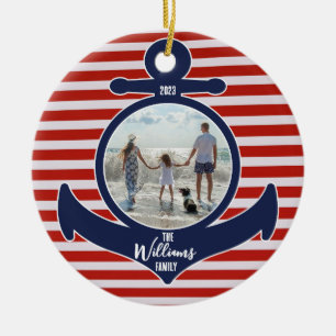 Personalisierter Name & Jahr Rot-Weiß- und Blauer  Keramik Ornament