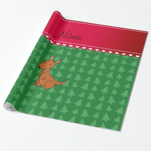 Personalisierter Name Kangaroo, grüne Weihnachtsbä Geschenkpapier (Ungerollt)