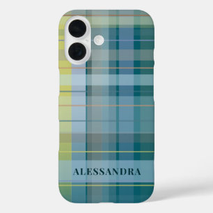 Personalisierter Name Karierter Karo Blau Aquamari iPhone 16 Hülle