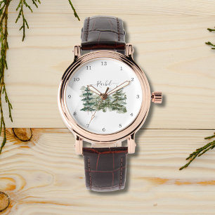 Personalisierter Name Kiefernwald und Berg Armbanduhr