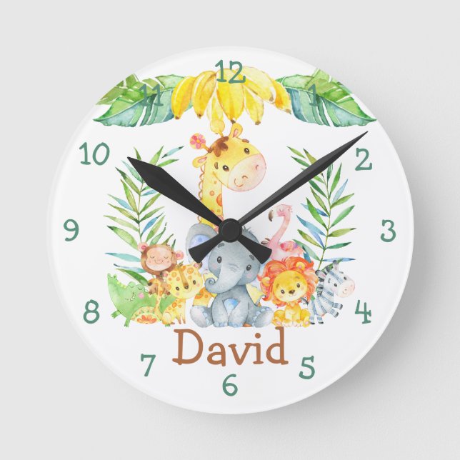 Personalisierter Name Kinderzimmer Jungle Safari N Runde Wanduhr (Vorderseite)