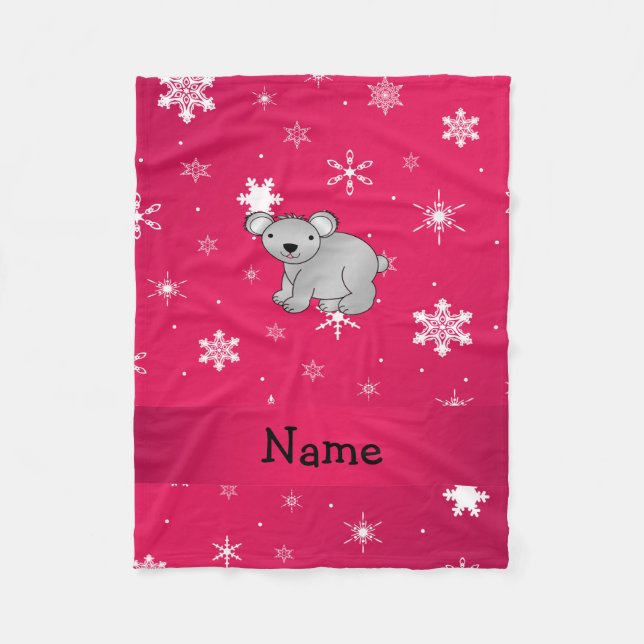 Personalisierter Name Koala rosa Schneeflocken Fleecedecke (Vorderseite)