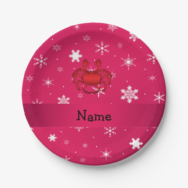 Personalisierter Name Krabbe rosa Schneeflocken Pappteller (Vorderseite)