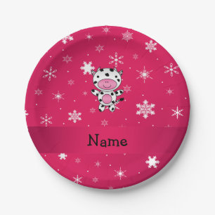 Personalisierter Name Kuh rosa Schneeflocken Pappteller