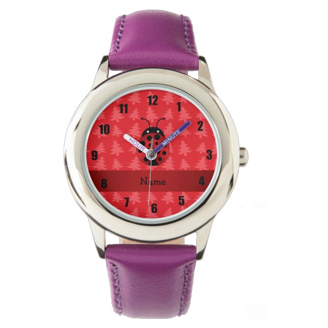 Personalisierter Name Ladybug - Rote Weihnachtsbäu Armbanduhr (Vorderseite)