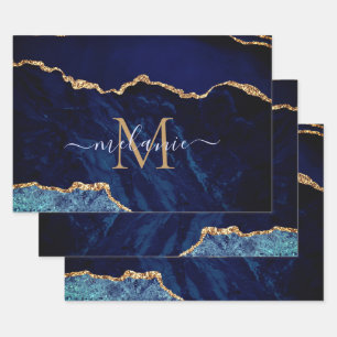 Personalisierter Name Letter Navy Blue Gold Marmor Geschenkpapier Set
