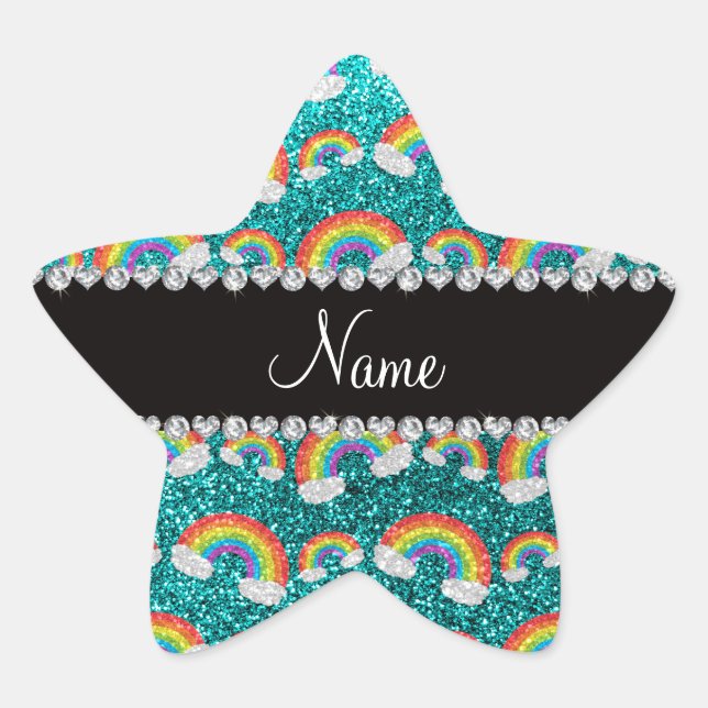 Personalisierter Name leuchtend Aqua Glitzer Regen Stern-Aufkleber (Vorderseite)