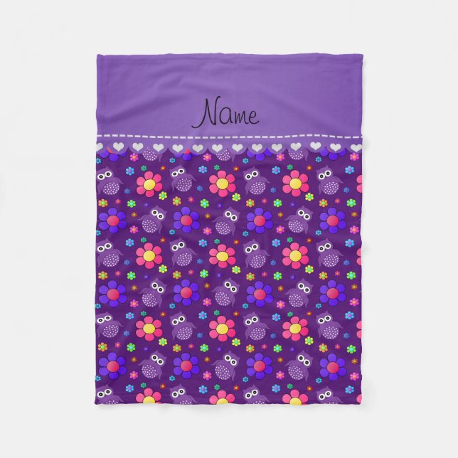 Personalisierter Name lila Eule Blume Muster Fleecedecke (Vorderseite)