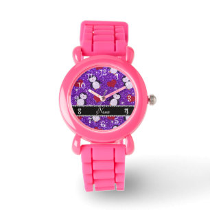 Personalisierter Name lila Glitzer Pinguine Herz Armbanduhr