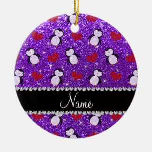 Personalisierter Name lila Glitzer Pinguine Herz Keramikornament