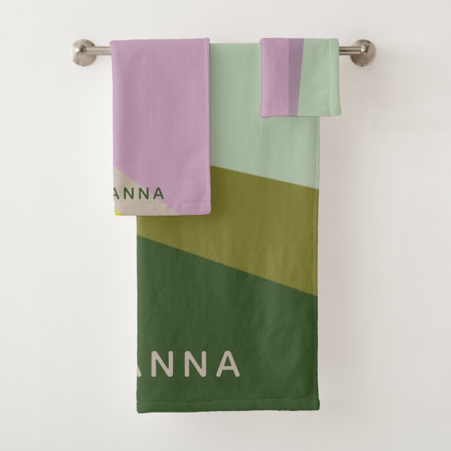 Personalisierter Name Lila grün Stilvoll geometris Badhandtuch Set (Insitu)