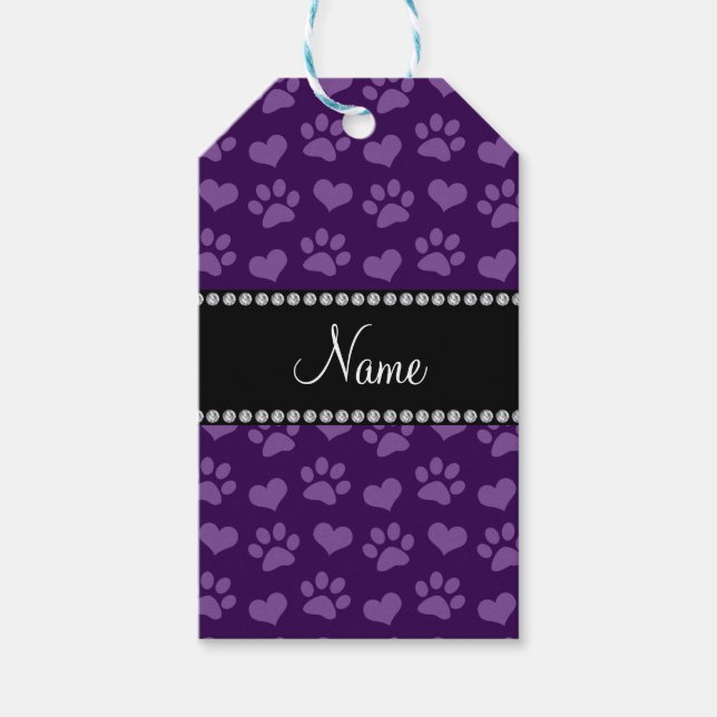 Personalisierter Name lila Herzen und Pfotendrucke Geschenkanhänger (Vorderseite)