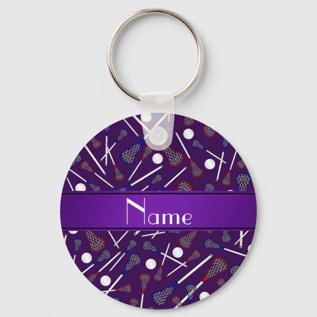 Personalisierter Name lila Lacrosse-Muster Schlüsselanhänger (Vorderseite)