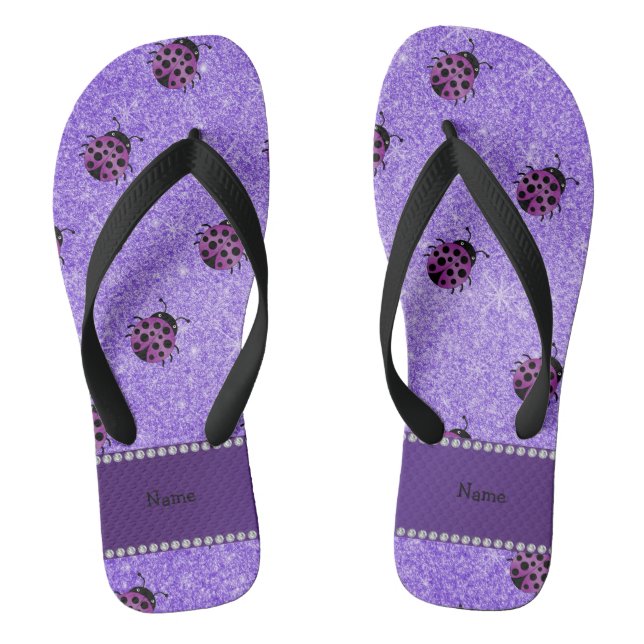 Personalisierter Name lila Ladybug lila Glitzer Flip Flops (Fußbett)