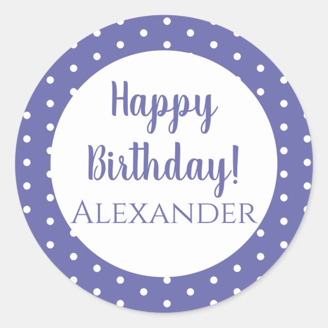 Personalisierter Name Lila Polka Dot Happy Birthda Runder Aufkleber (Vorderseite)