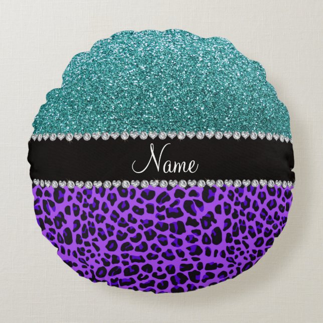 Personalisierter Name lila türkisblauer Leoparden  Rundes Kissen (Vorderseite)