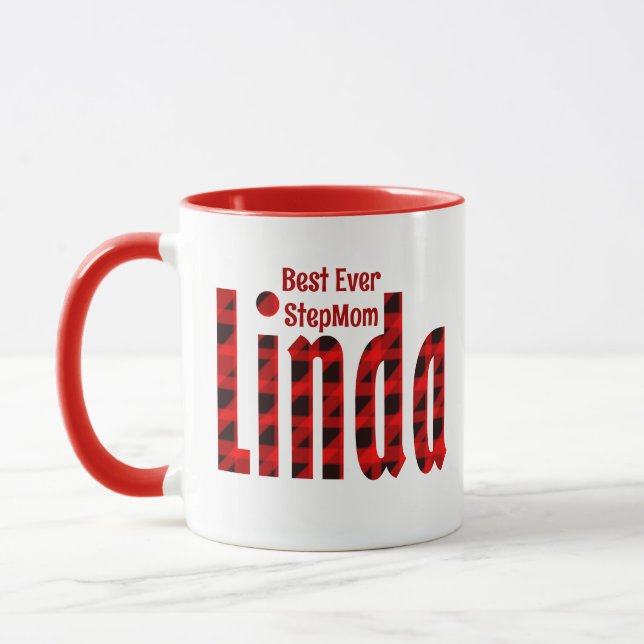 Personalisierter Name "Linda" Rote und Karierte Sc Tasse (Links)
