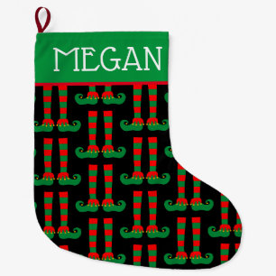 Personalisierter Name lustiges Elfenfußmuster Großer Weihnachtsstrumpf
