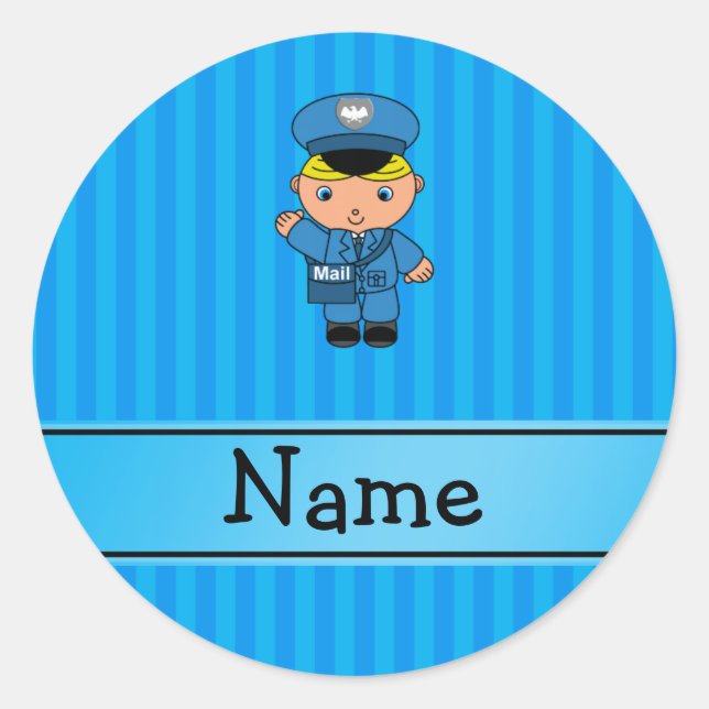 Personalisierter Name Mailman Blaustreifen Runder Aufkleber (Vorderseite)