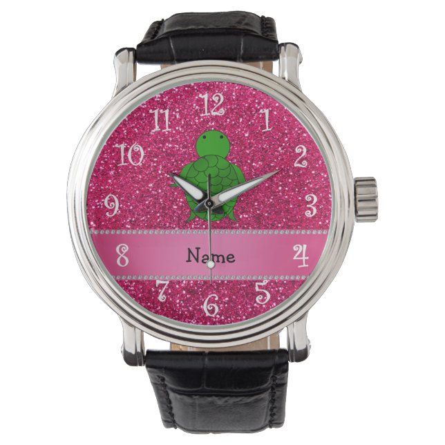 Personalisierter Name Meeresschildkröte Rosa Glitz Armbanduhr (Vorderseite)