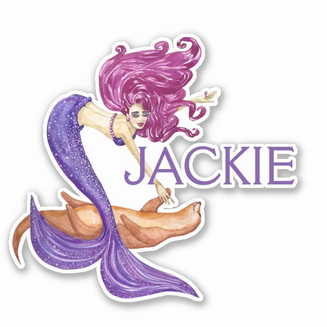 Personalisierter Name Mermaid Niedlich Lila Aufkleber (Vorderseite)