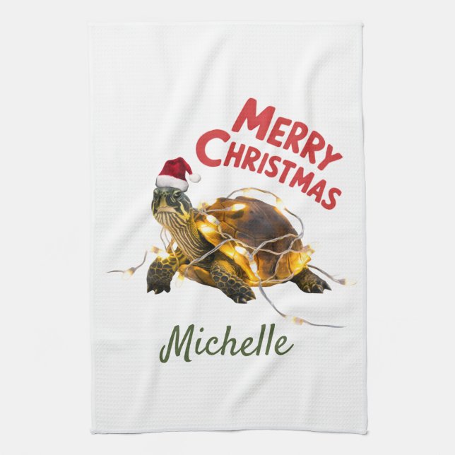 Personalisierter Name Merry Christmas Turtle in Sa Geschirrtuch (Vertikal)