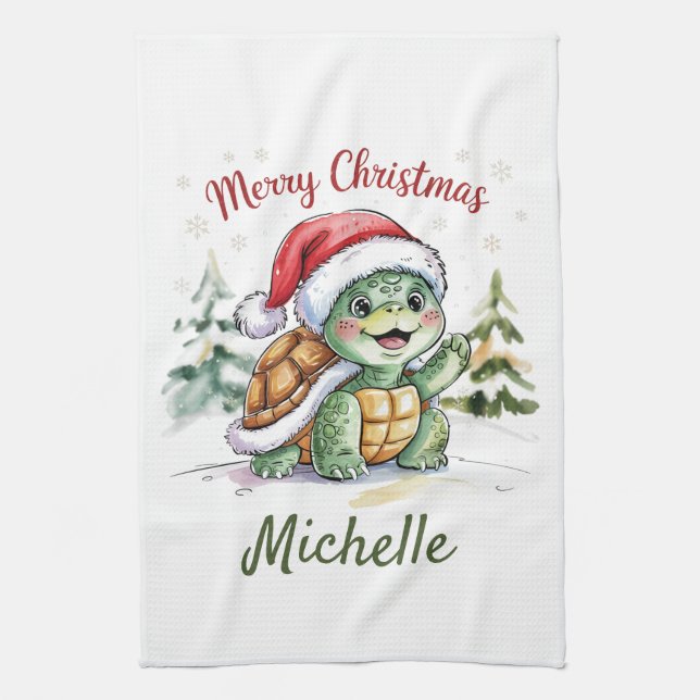 Personalisierter Name Merry Christmas Turtle in Sa Geschirrtuch (Vertikal)