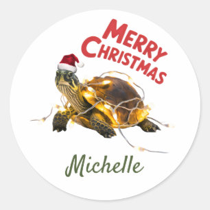 Personalisierter Name Merry Christmas Turtle in Sa Runder Aufkleber