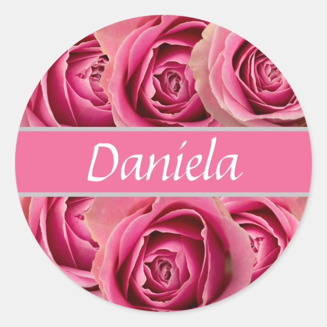 personalisierter Name mit Rosen Runder Aufkleber (Vorderseite)