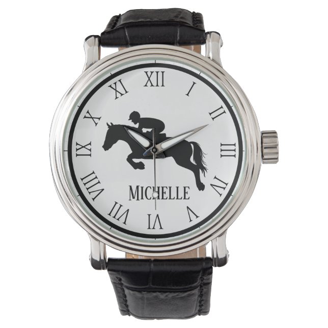 Personalisierter Name mit schwarzem Pferd Armbanduhr (Vorderseite)