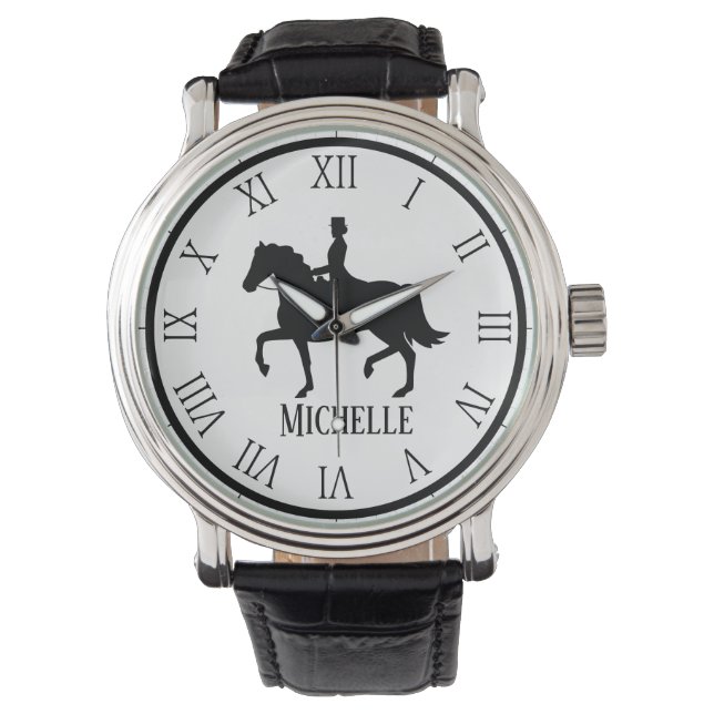 Personalisierter Name mit schwarzem Pferd Armbanduhr (Vorderseite)