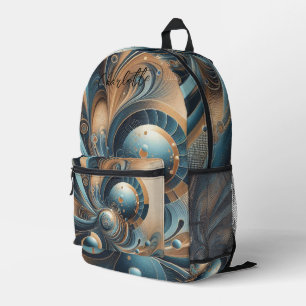 Personalisierter Name Modernes Fraktal Blue Gold C Bedruckter Rucksack