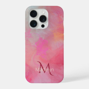 Personalisierter Name + Monogramm Rosa Wasserfarbe iPhone 15 Pro Hülle