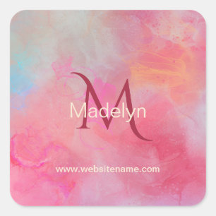 Personalisierter Name + Monogramm Rosa Wasserfarbe Quadratischer Aufkleber