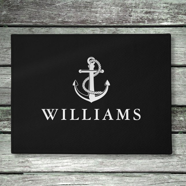 Personalisierter Name Nautic Anchor Schwarzweiß Fußmatte (Personalized Name Nautical Anchor Black And White Doormat)