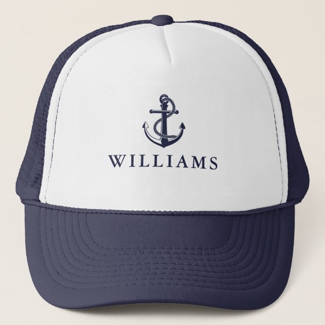 Personalisierter Name Nautic Boat Anchor Navy Blue Truckerkappe (Vorderseite)