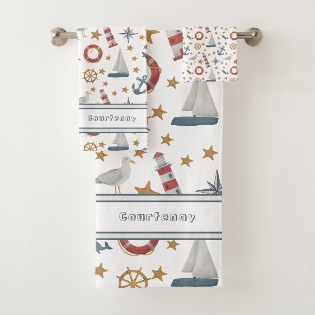 Personalisierter Name Nautic Ocean Sailboat Badhandtuch Set (Insitu)