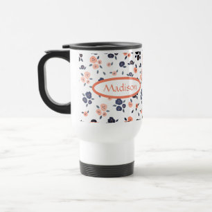 Personalisierter Name Navy Blue Floral Modern Reisebecher