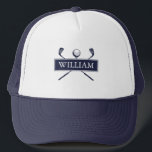 Personalisierter Name Navy Blue Golf Ball und Club Truckerkappe<br><div class="desc">Personalisieren Sie den Namen,  um ein großartiges Golfgeschenk zu schaffen und zu behalten. Entwickelt von Thisisnotme©</div>