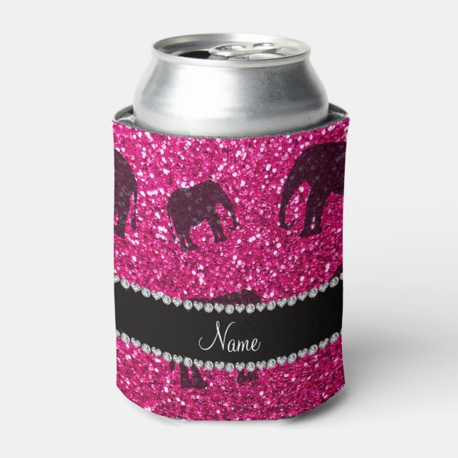 Personalisierter Name Neon Hot Pink Glitzer Elefan Dosenkühler (Kanne Vorderseite)
