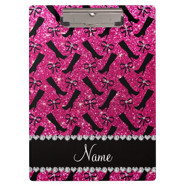 Personalisierter Name Neon Hot Rosa Glitzer Stiefe Klemmbrett (Vorderseite)