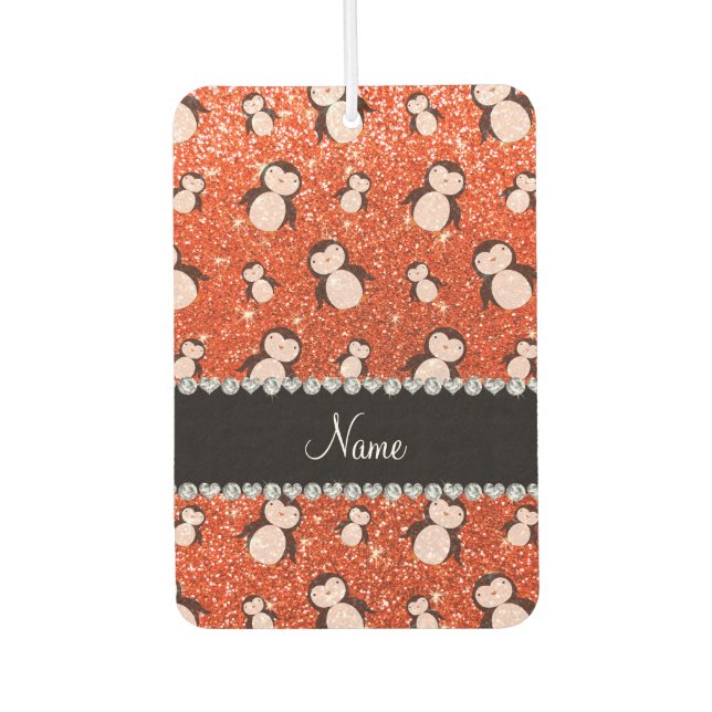 Personalisierter Name Neon Orange Glitzer Pinguine Autolufterfrischer (Vorderseite)