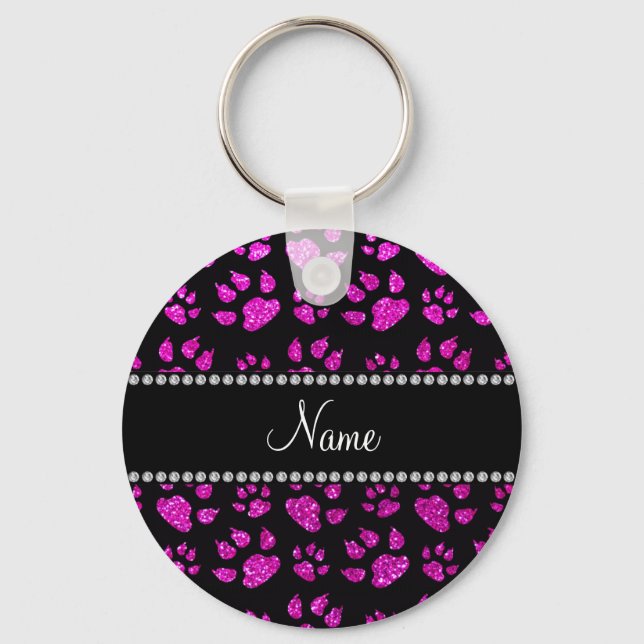 Personalisierter Name Neon Pink Glitzer Cat Pfoten Schlüsselanhänger (Vorderseite)