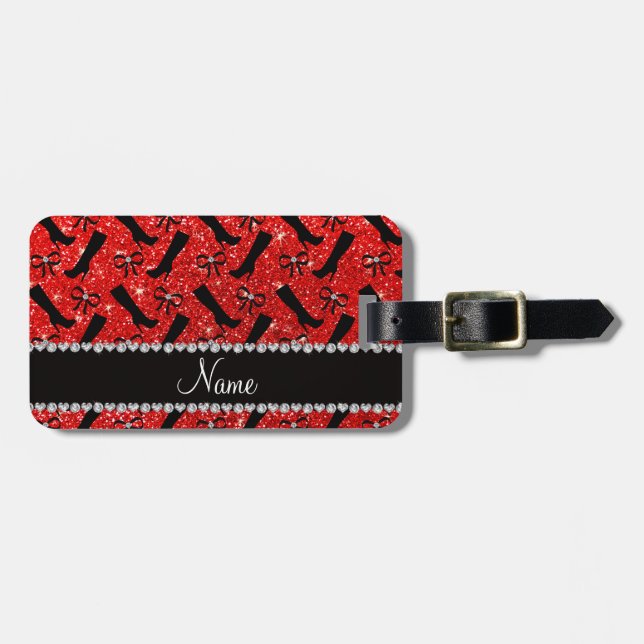 Personalisierter Name Neon Red Glitzer Stiefel Bow Gepäckanhänger (Vorderseite horizontal)