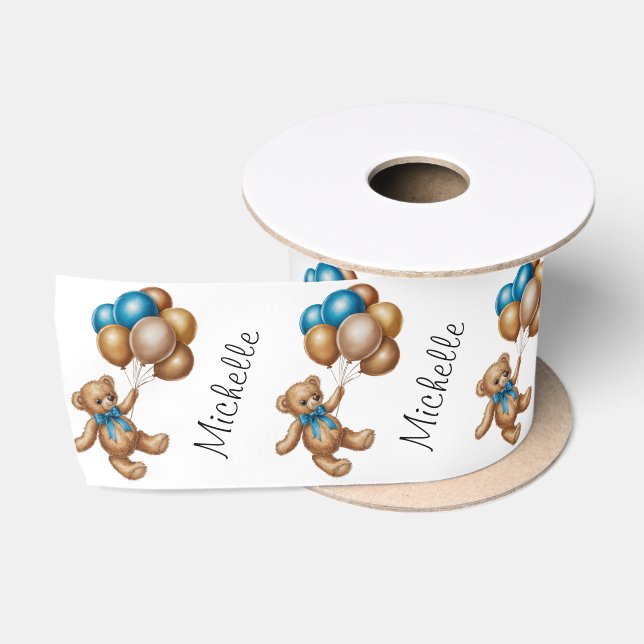 Personalisierter Name Niedlich Bear Gold Blue Ball Satinband (Spule)