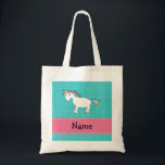 Personalisierter Name niedlich Einhorn Tragetasche<br><div class="desc">Türkis/aquamarin/Aqua-Polka-Punktmuster mit einem niedlichen Regenbogen-Einhorn und rosa Diamantenstreifen (nicht echte Diamanten) personalisiert mit Ihren Namen Geschenke oder Monogramm-Geschenke oder Ihre Initialen</div>